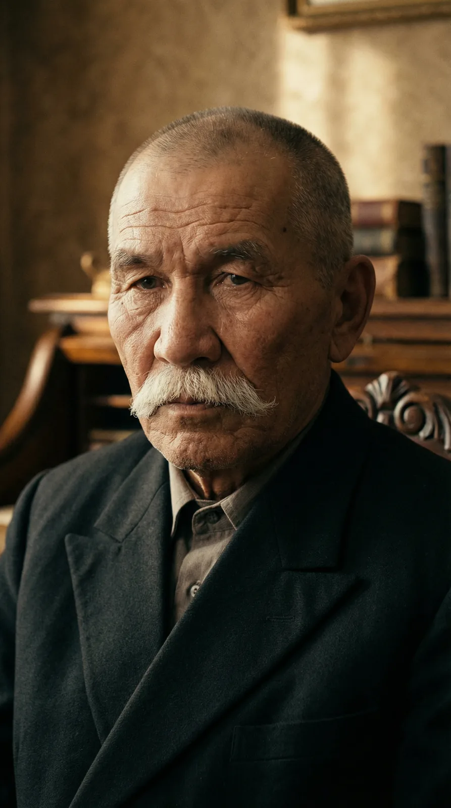 «Қонаев» фильмі үшін жасанды интеллектпен жасалған Әлихан Бөкейханов бейнесі: ақсақал кабинетте камераға қарап отыр, беті анық көрінеді